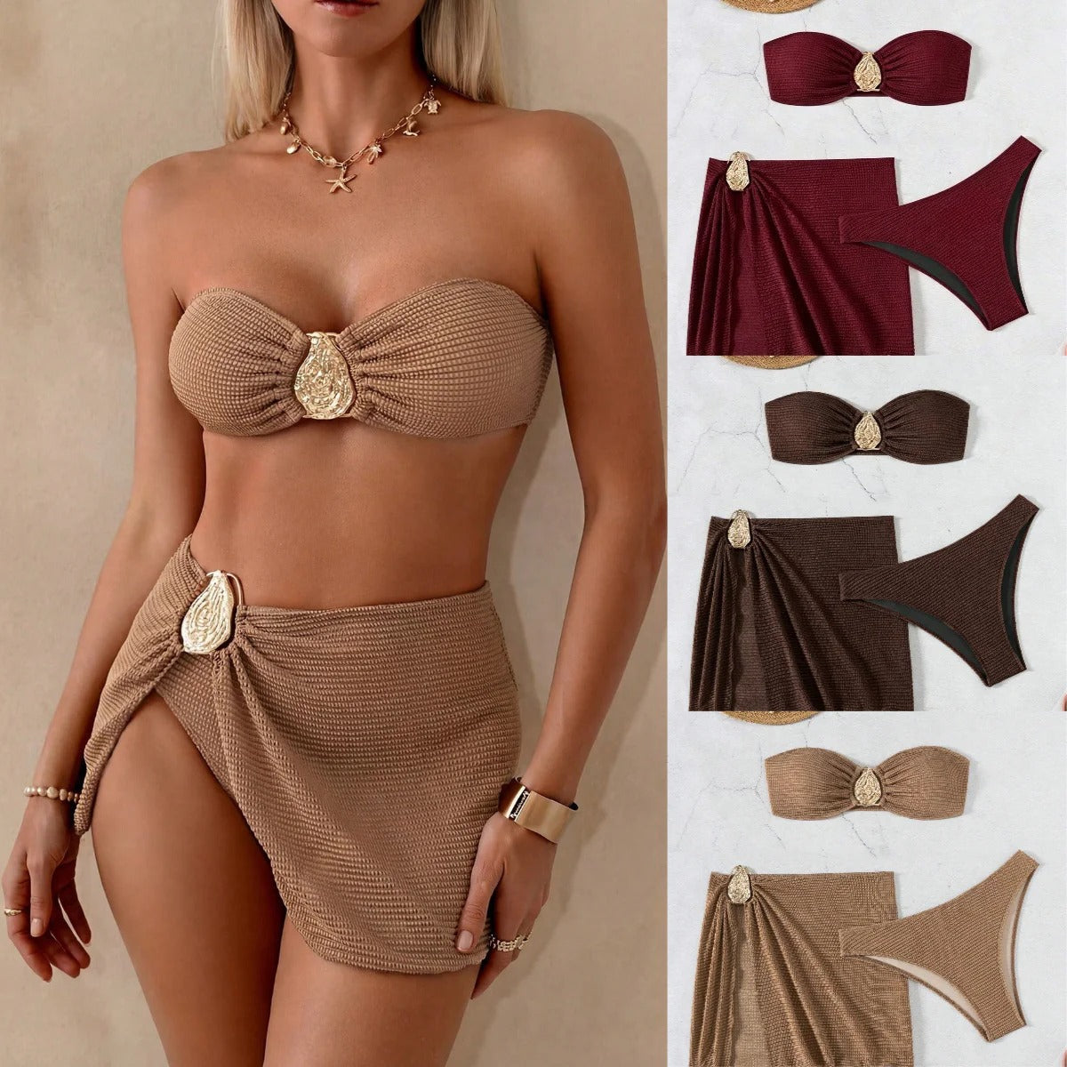 Women's 3-Piece Split Swimsuit Skirted Bikini for Hot Spring Vacation Beach