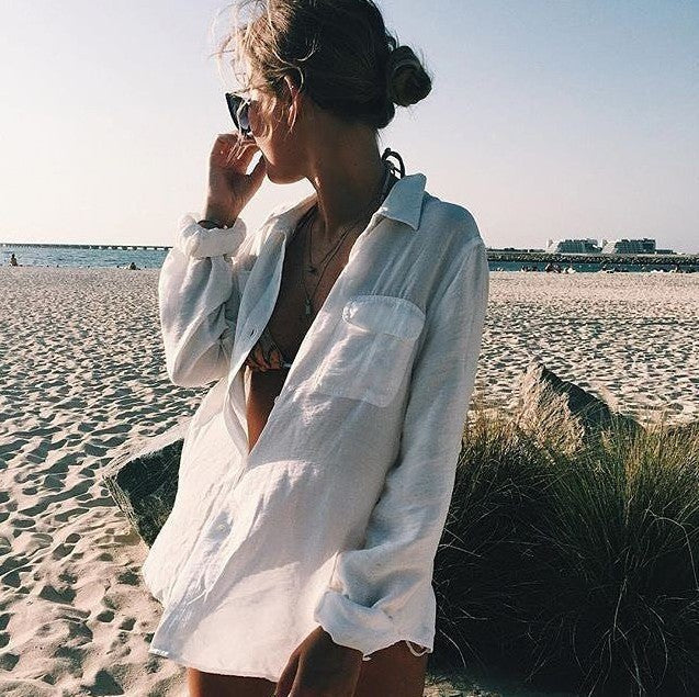 Crinkled Fabric Shirt Beach Cover-Up ¨C Casual Sun Protection Dress, Vacation Swimsuit Outerwear