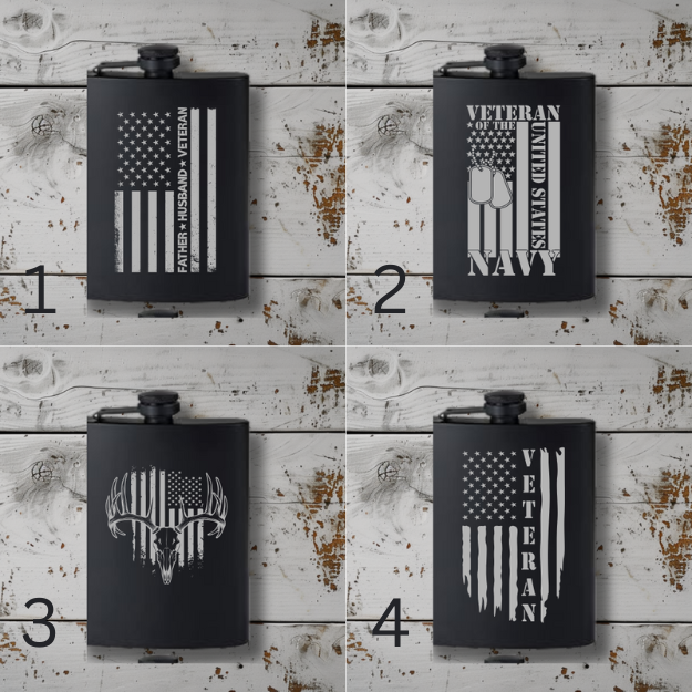 Engraved 8 oz Black Powder-Coated Flask – Funny, Patriotic, Sports & Themed Designs