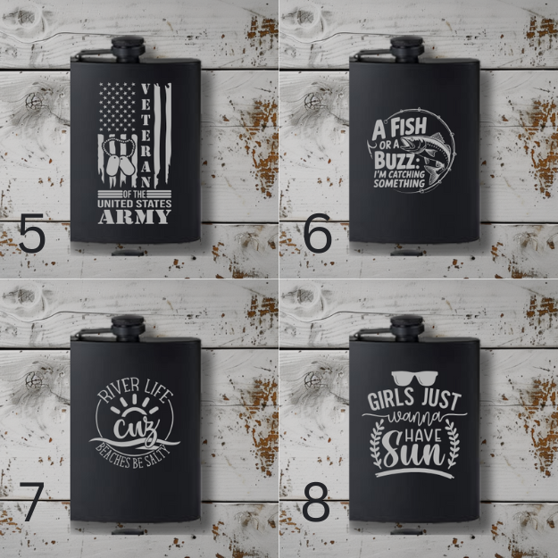 Engraved 8 oz Black Powder-Coated Flask – Funny, Patriotic, Sports & Themed Designs