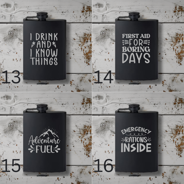 Engraved 8 oz Black Powder-Coated Flask – Funny, Patriotic, Sports & Themed Designs