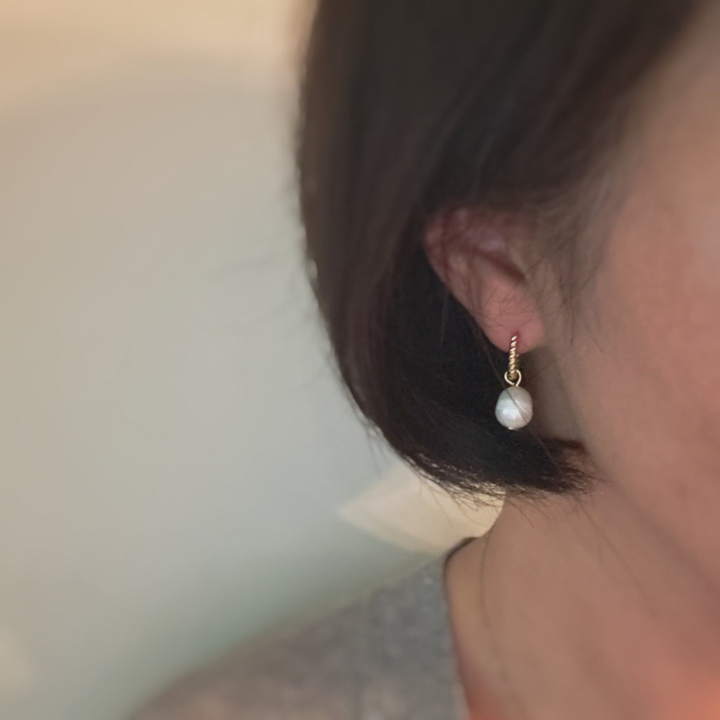Cabled Huggie Natural Pearl Hoop Earrings