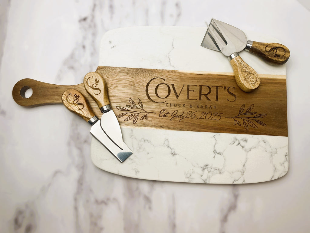 Personalized Marble & Acacia Charcuterie Board Gift Set | Custom Engraved Cheese Board with Cheese Knives | Wedding, Anniversary & Housewarming Gift