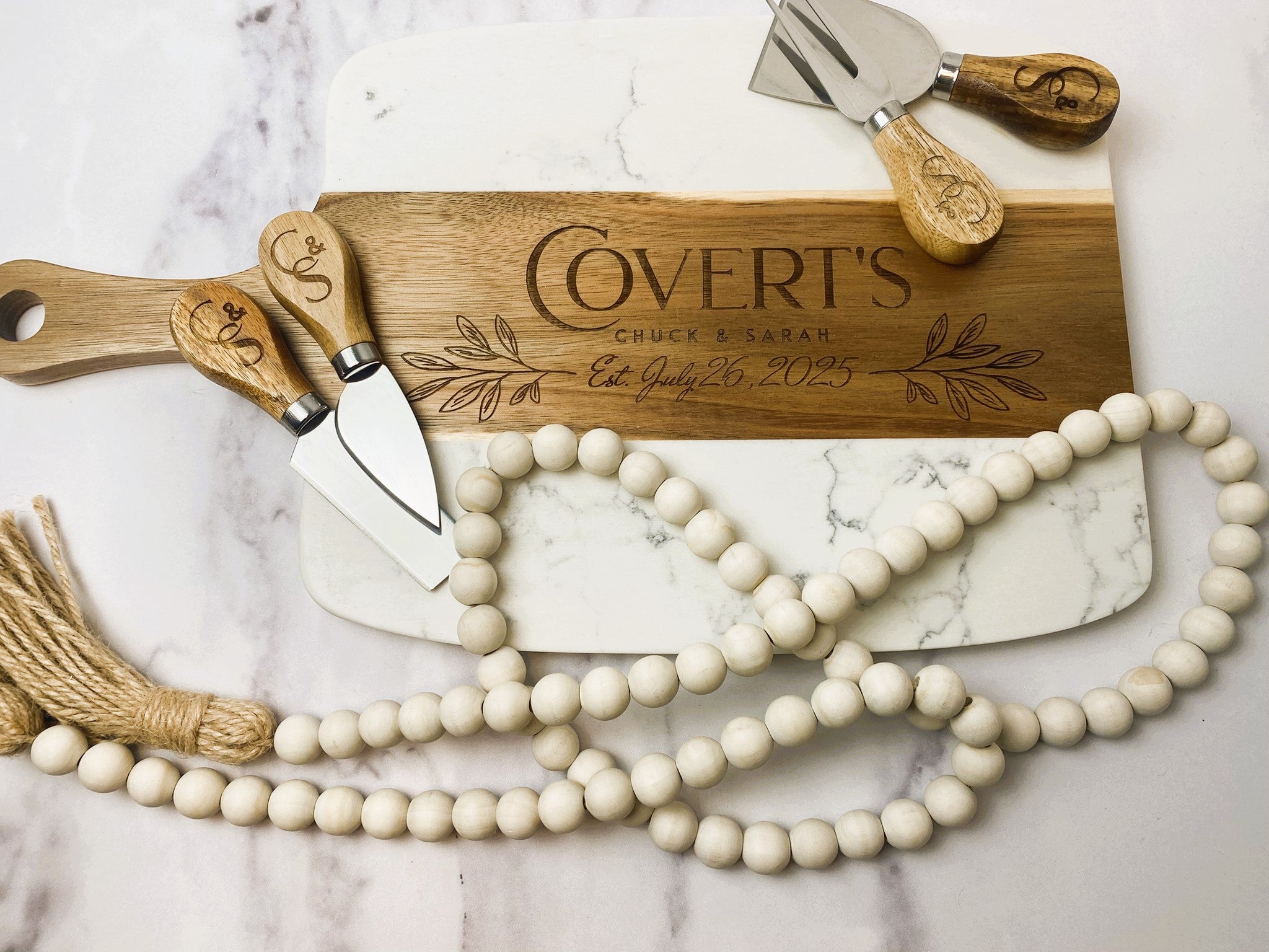 Personalized Marble & Acacia Charcuterie Board Gift Set | Custom Engraved Cheese Board with Cheese Knives | Wedding, Anniversary & Housewarming Gift