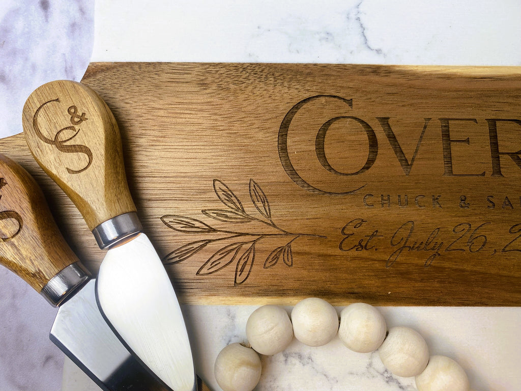 Personalized Marble & Acacia Charcuterie Board Gift Set | Custom Engraved Cheese Board with Cheese Knives | Wedding, Anniversary & Housewarming Gift
