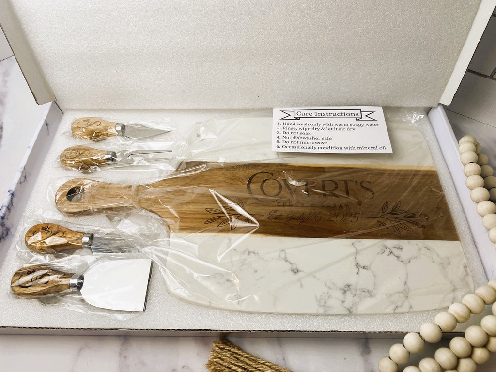 Personalized Marble & Acacia Charcuterie Board Gift Set | Custom Engraved Cheese Board with Cheese Knives | Wedding, Anniversary & Housewarming Gift