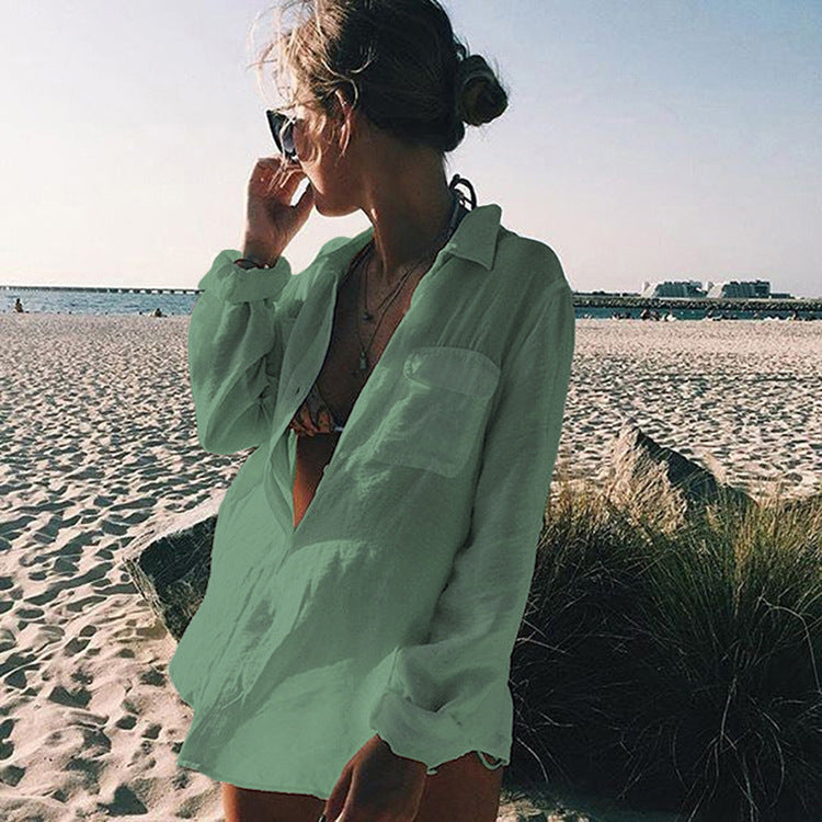 Crinkled Fabric Shirt Beach Cover-Up ¨C Casual Sun Protection Dress, Vacation Swimsuit Outerwear