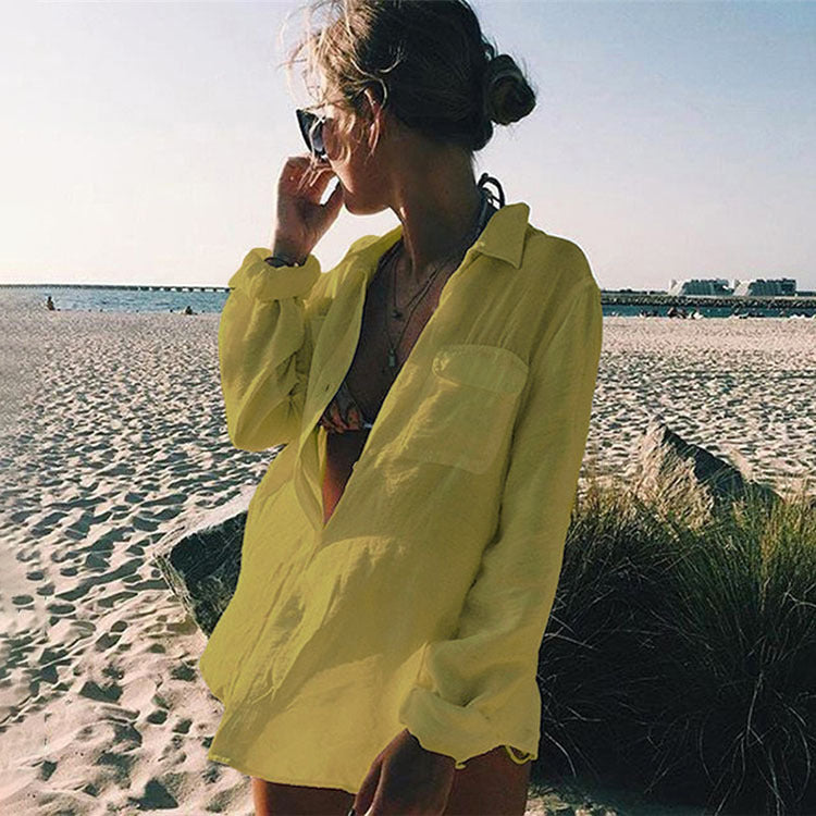 Crinkled Fabric Shirt Beach Cover-Up ¨C Casual Sun Protection Dress, Vacation Swimsuit Outerwear