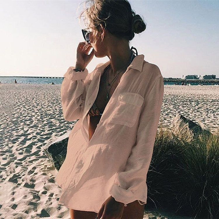 Crinkled Fabric Shirt Beach Cover-Up ¨C Casual Sun Protection Dress, Vacation Swimsuit Outerwear