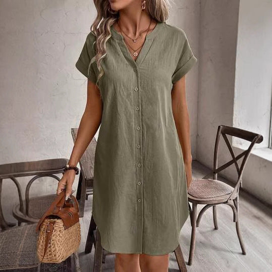 Woven craft short summer women's dress v-neck solid color