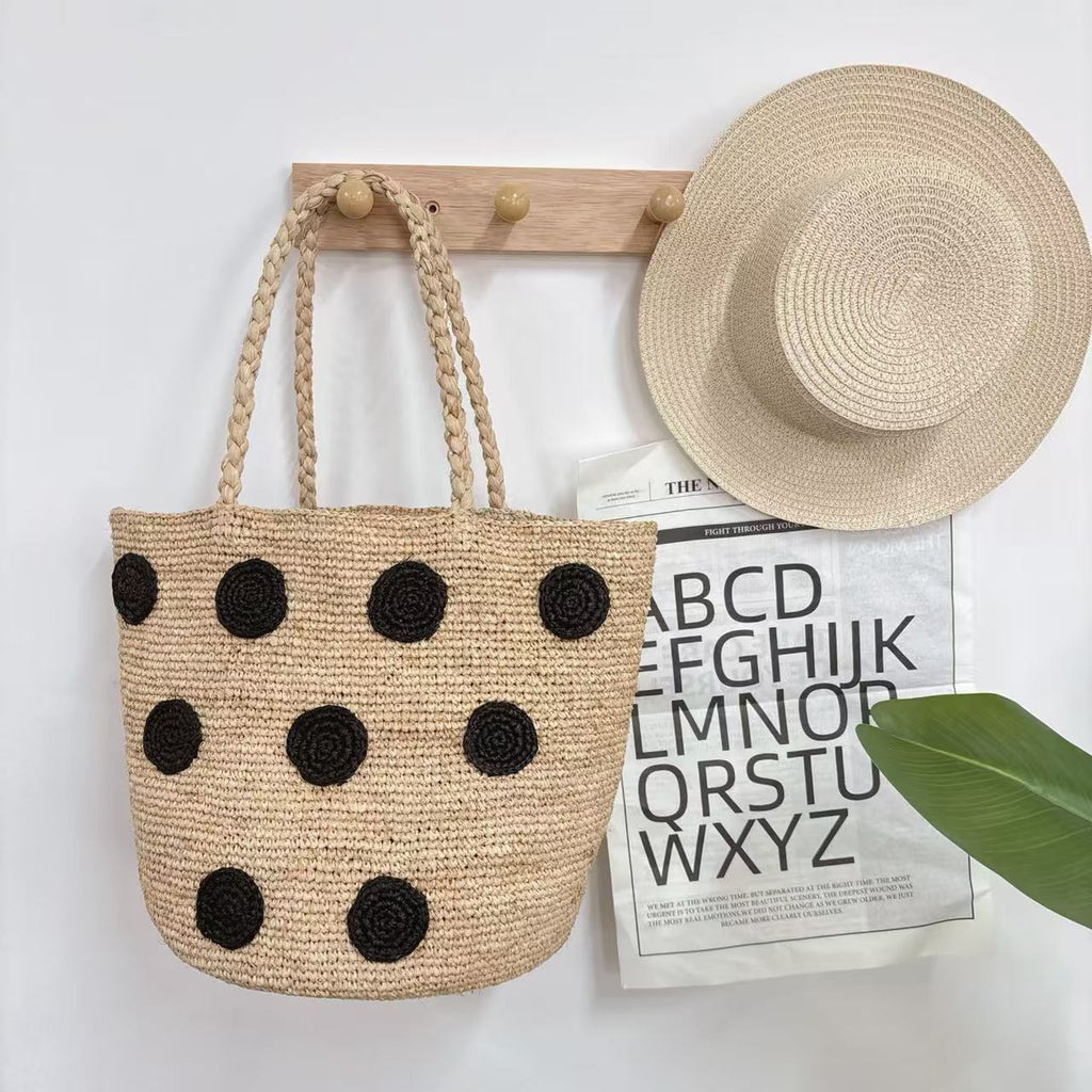 Raffia Black Polka Dot Embroidered Bag – Woven Shoulder Strap Large Summer Bucket Purse