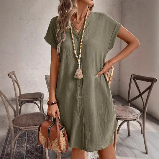 Woven craft short summer women's dress v-neck solid color