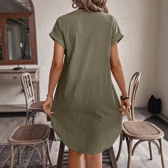Woven craft short summer women's dress v-neck solid color