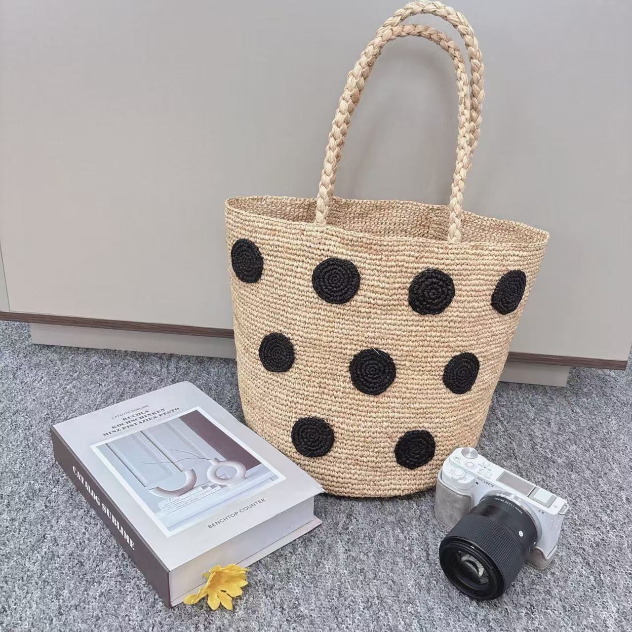 Raffia Black Polka Dot Embroidered Bag – Woven Shoulder Strap Large Summer Bucket Purse
