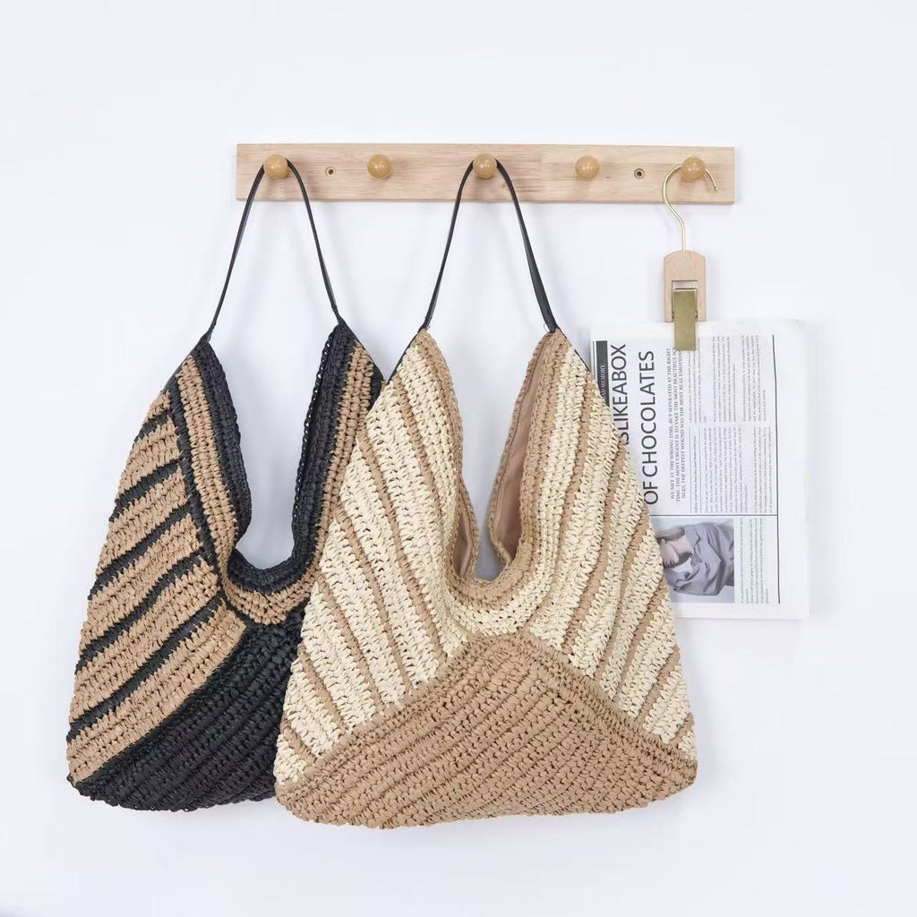 Striped Hobo Shoulder Tote – Versatile Women's Woven Bag, New Hollow-Out Straw Purse