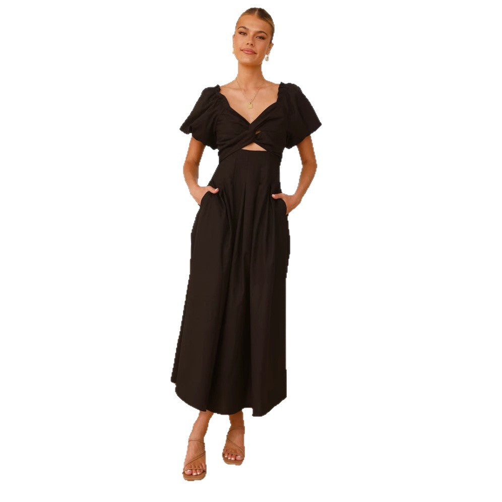 Sexy hollow women's senior sense slim A word waist medium and long dress