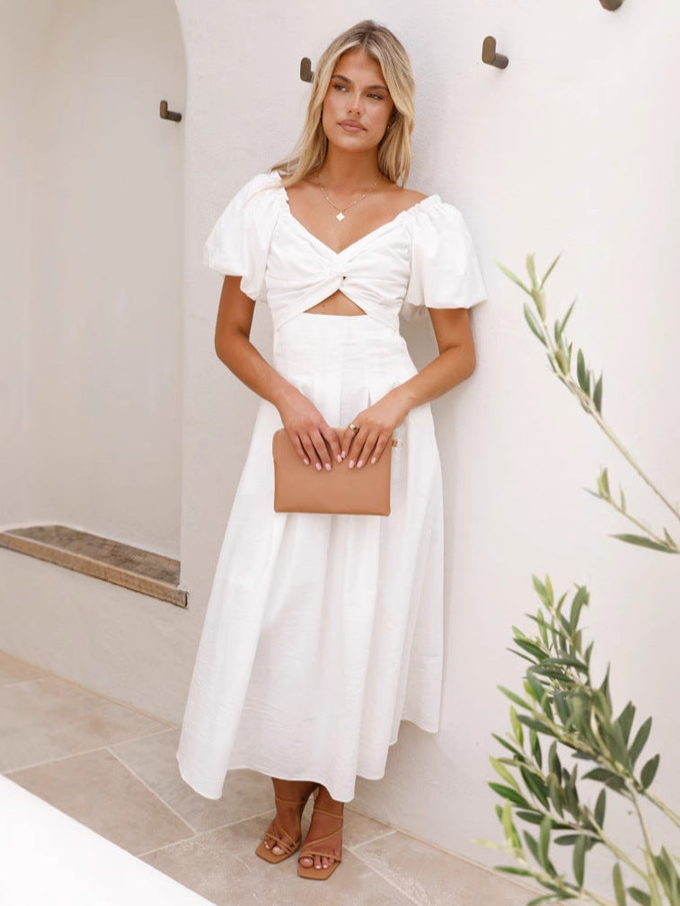 Sexy hollow women's senior sense slim A word waist medium and long dress