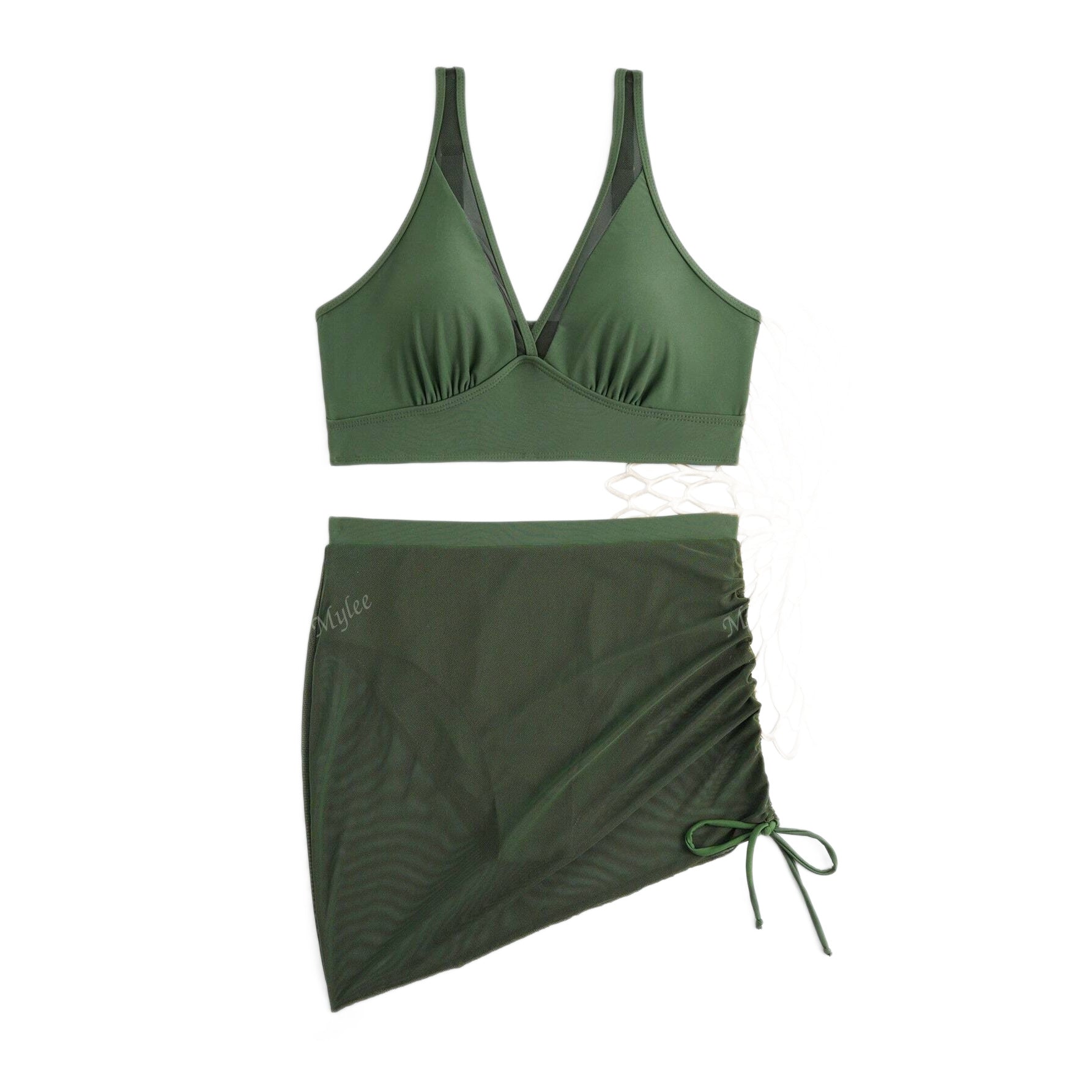 Solid Color Bikini Sexy Mesh Patchwork Drawstring Two Piece Women's Swimsuit