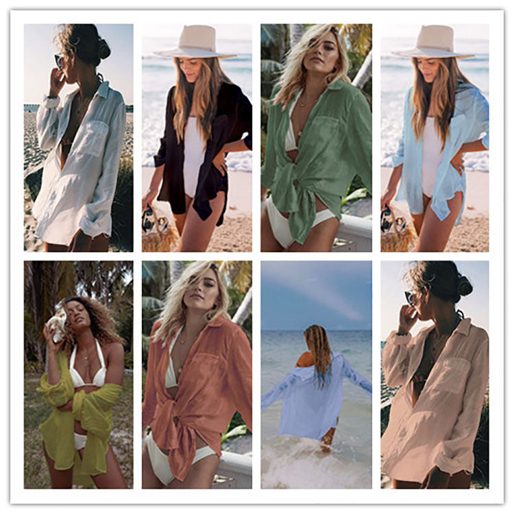Crinkled Fabric Shirt Beach Cover-Up ¨C Casual Sun Protection Dress, Vacation Swimsuit Outerwear