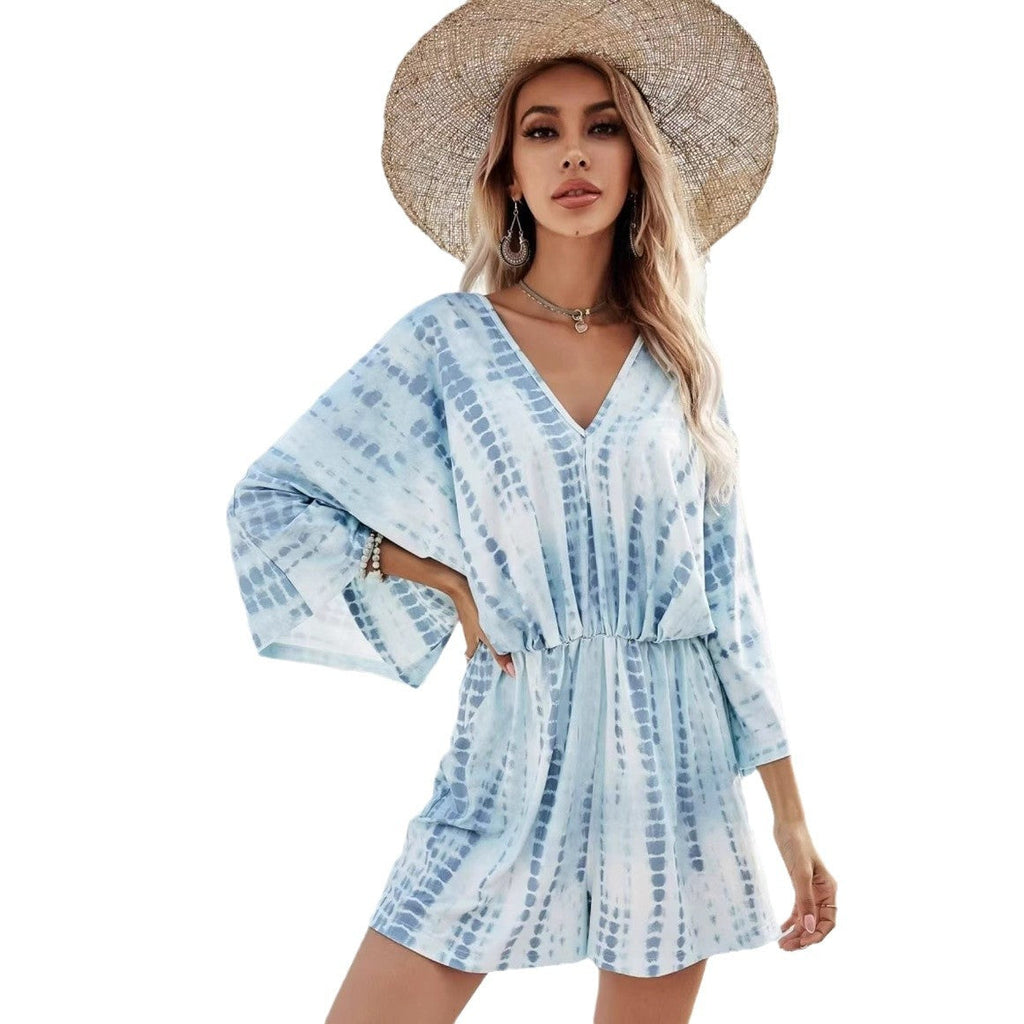 Women's Deep V-Neck Printed Loose Batwing Sleeve Short Jumpsuit – Romper