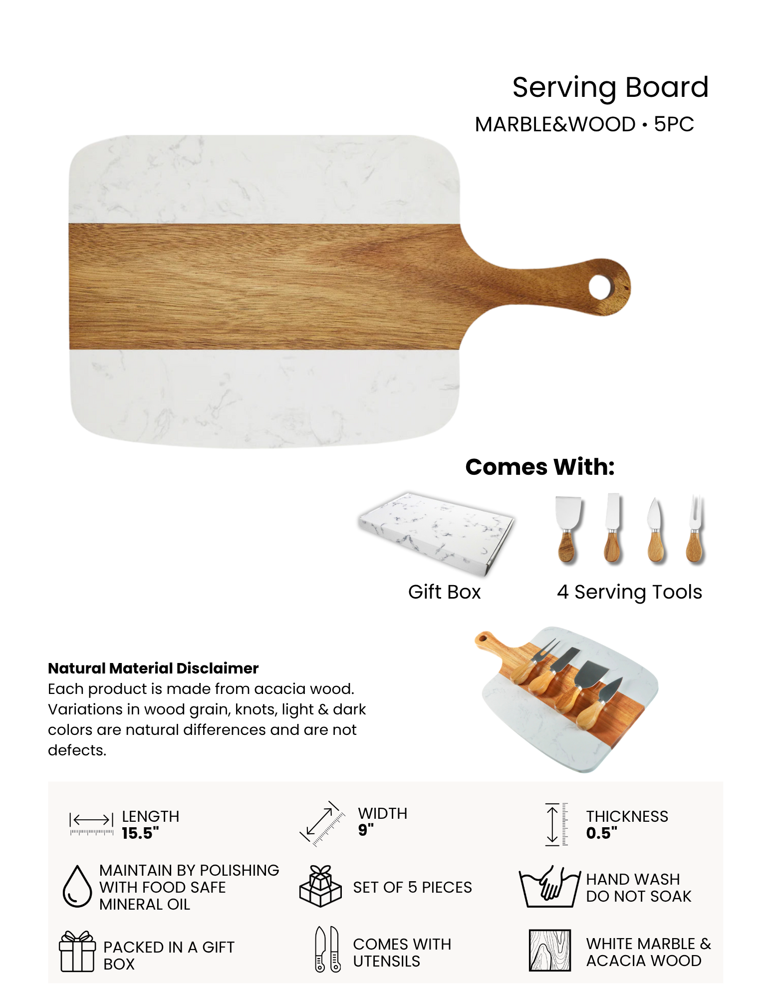Personalized Marble & Acacia Charcuterie Board Gift Set | Custom Engraved Cheese Board with Cheese Knives | Wedding, Anniversary & Housewarming Gift