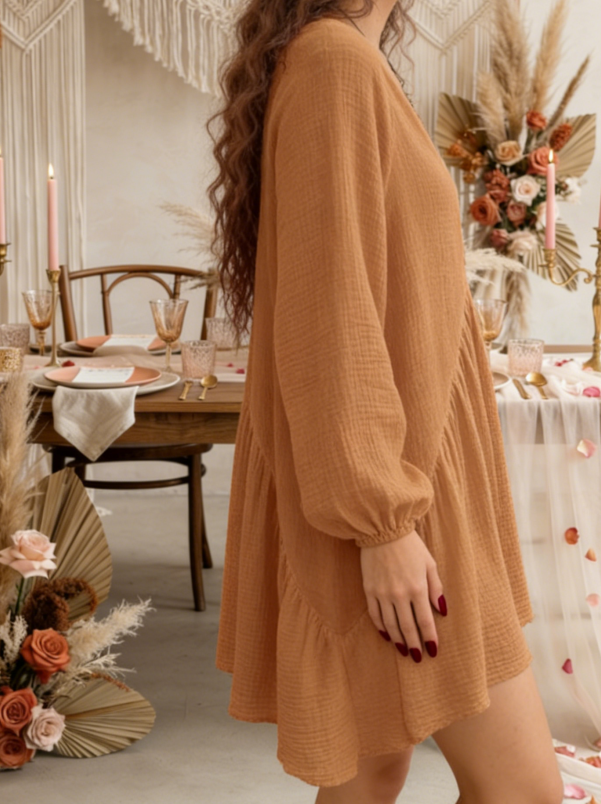 Elegant V-Neck Tie-Front Long Sleeve Dress
