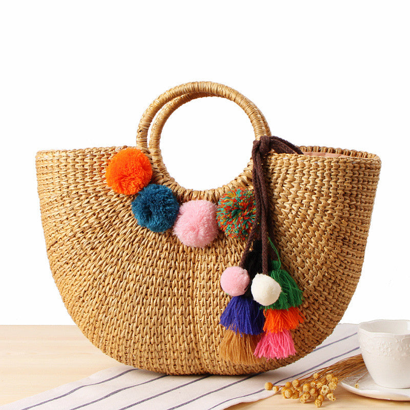Colorful Tassel Yarn Ball Straw Woven Beach Bag