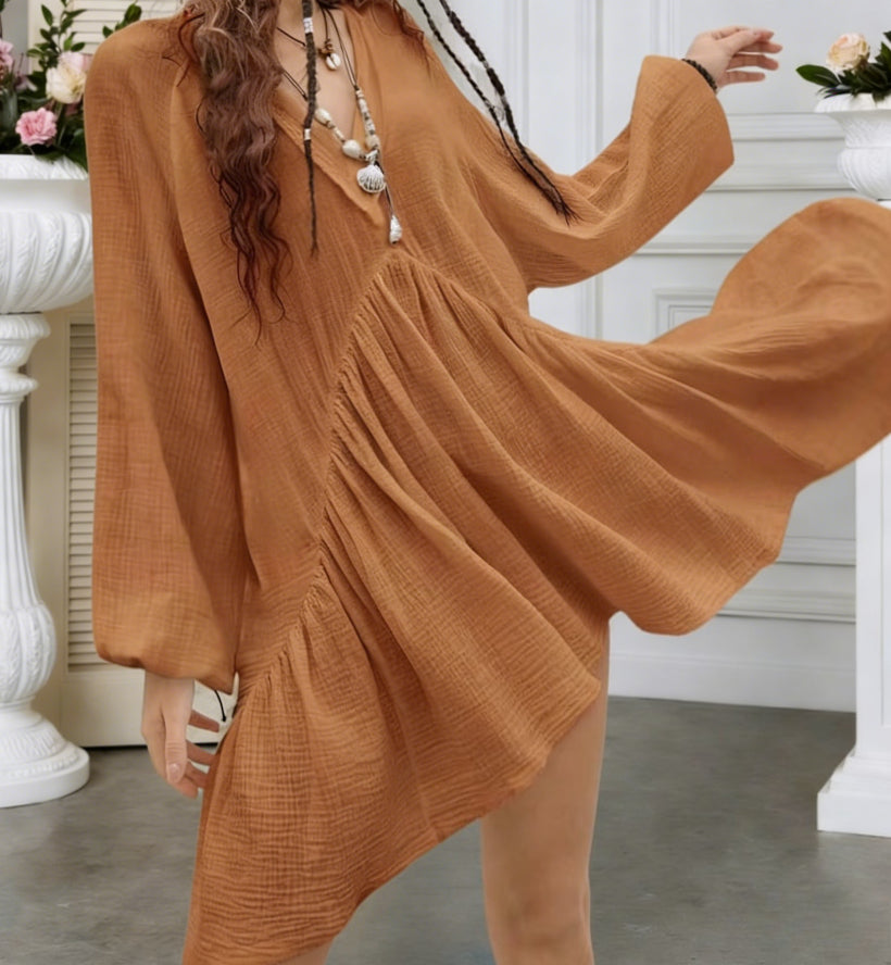 Elegant V-Neck Tie-Front Long Sleeve Dress
